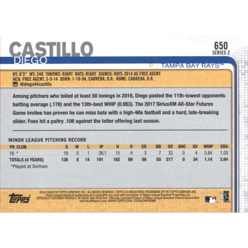 2019 Topps #650 Diego Castillo NM-MT RC Rookie Tampa Bay Rays Baseball Card - Baseball Card Single