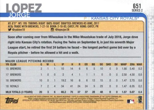 2019 Topps #651 Jorge Lopez NM Near Mint Royals ID:24808 - Baseball Card Single