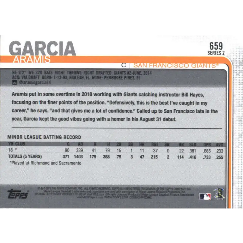 2019 Topps #659 Aramis Garcia NM-MT RC Rookie San Francisco Giants Baseball Card - Baseball Card Single
