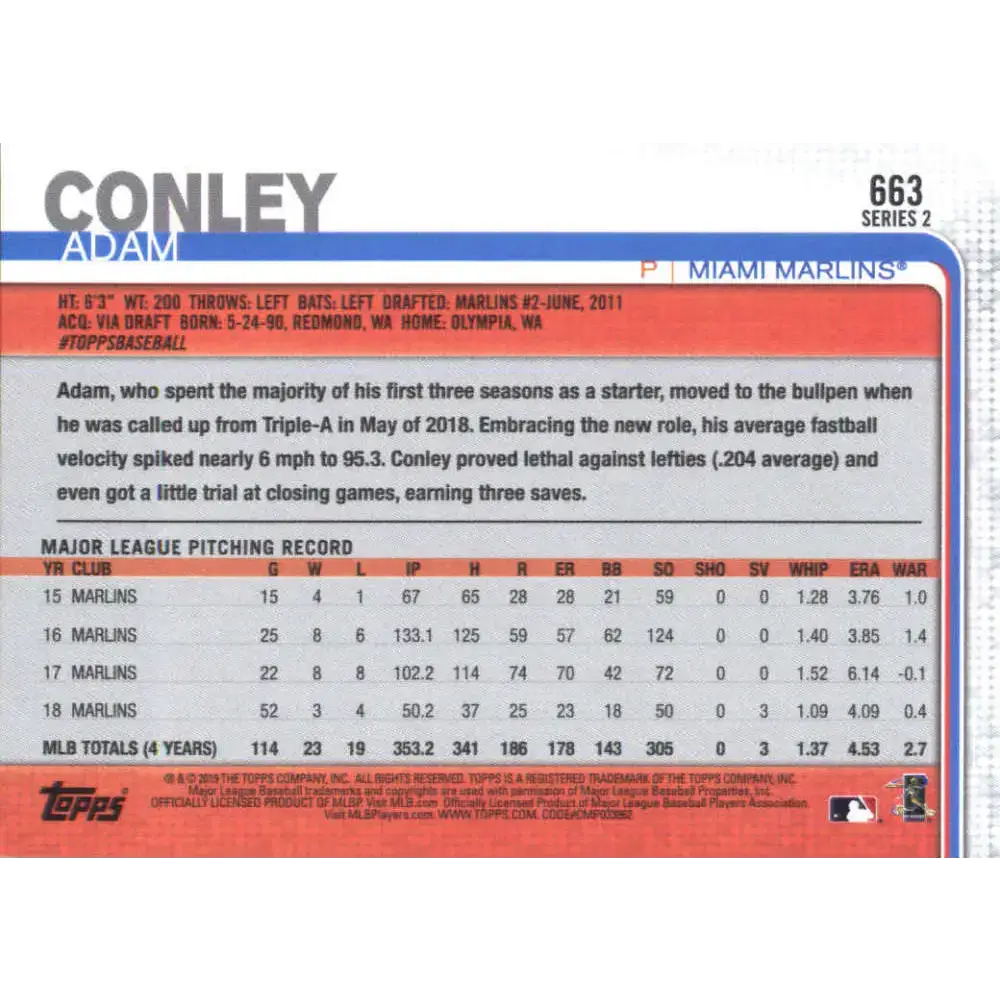 2019 Topps #663 Adam Conley NM-MT Miami Marlins Baseball Card - Baseball Card Single