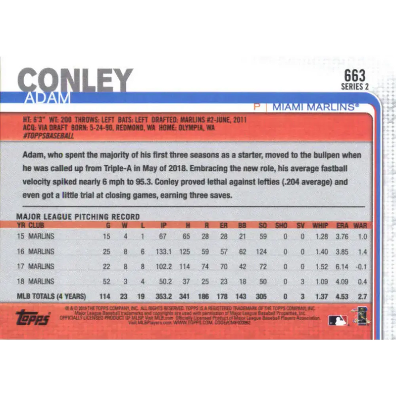 2019 Topps #663 Adam Conley NM-MT Miami Marlins Baseball Card - Baseball Card Single