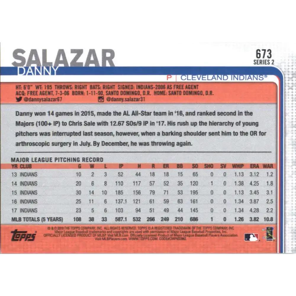 2019 Topps #673 Danny Salazar NM-MT Cleveland Indians Baseball Card - Baseball Card Single