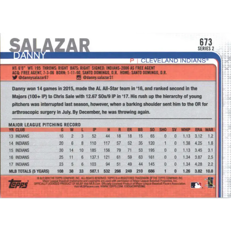 2019 Topps #673 Danny Salazar NM-MT Cleveland Indians Baseball Card - Baseball Card Single