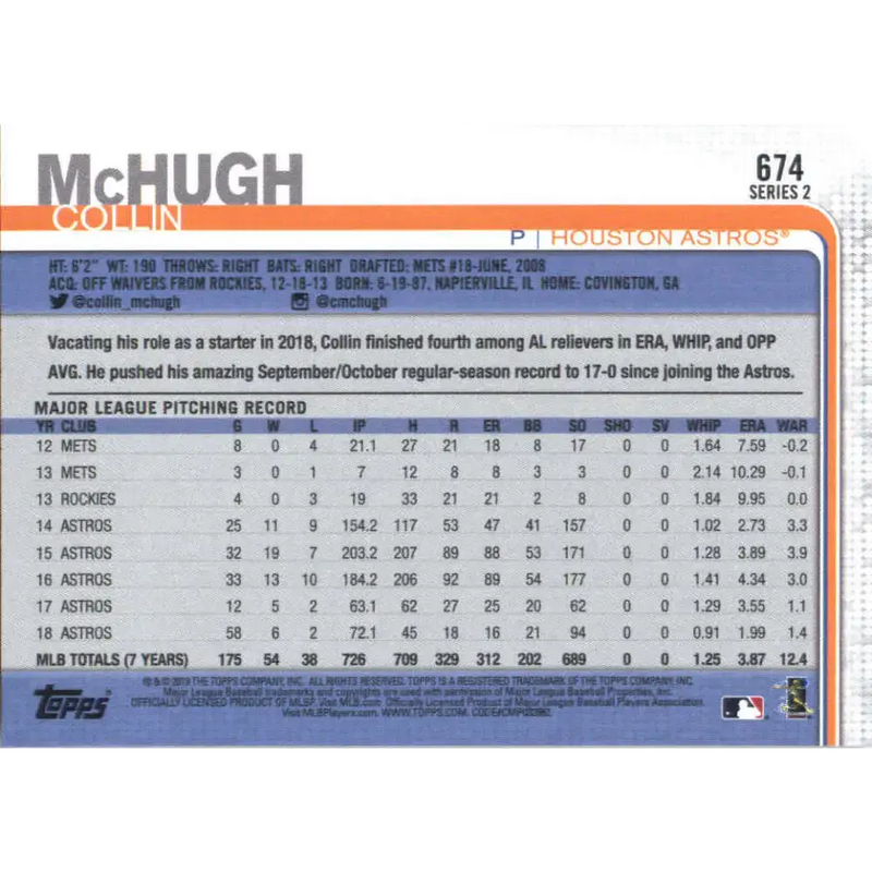 2019 Topps #674 Collin McHugh NM-MT Houston Astros Baseball Card - Baseball Card Single