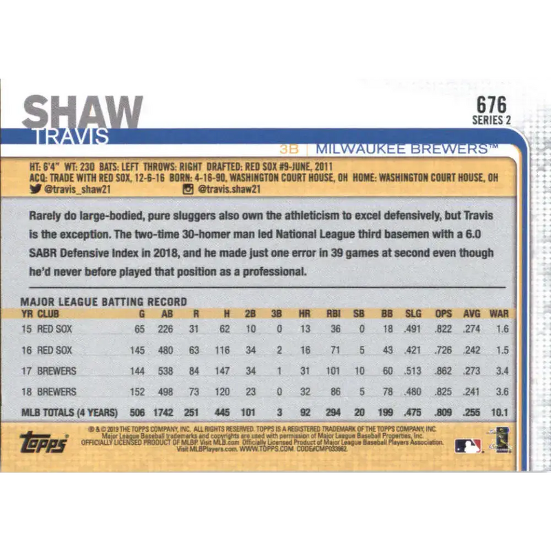 2019 Topps #676 Travis Shaw NM-MT Milwaukee Brewers Baseball Card - Baseball Card Single