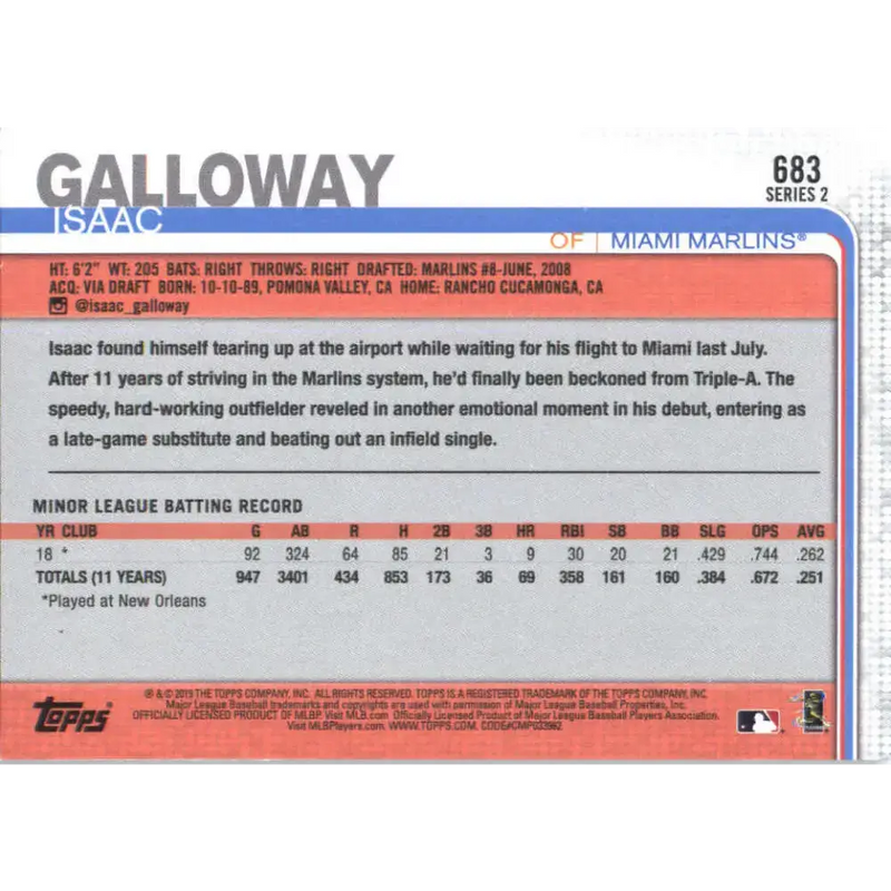 2019 Topps #683 Isaac Galloway NM-MT RC Rookie Miami Marlins Baseball Card - Baseball Card Single