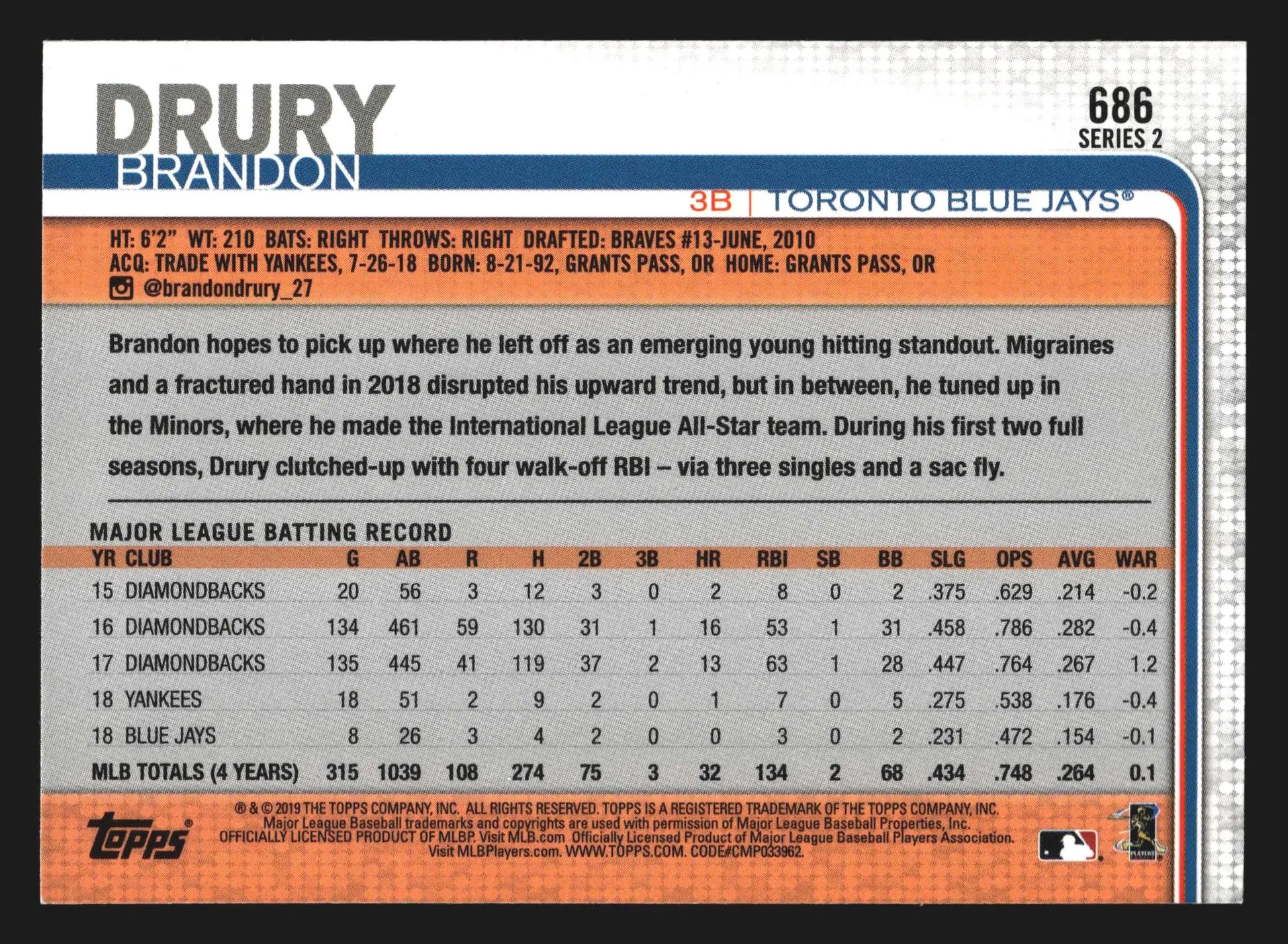 2019 Topps #686 Brandon Drury Toronto Blue Jays