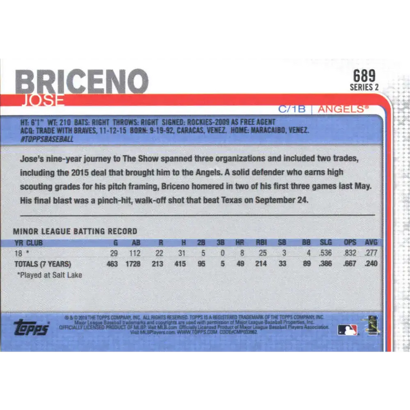 2019 Topps #689 Jose Briceno NM-MT RC Rookie Los Angeles Angels Baseball Card - Baseball Card Single