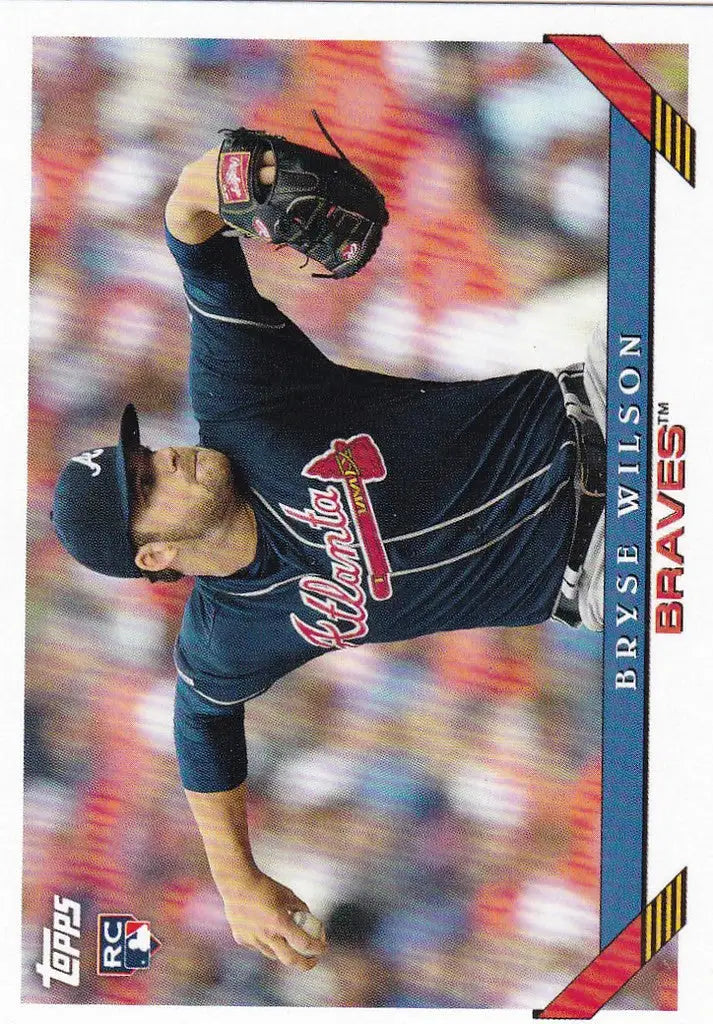 Baseball player in navy Atlanta Braves uniform mid-pitch for Topps Archives Bryse Wilson
