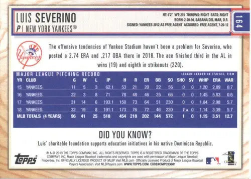 2019 Topps Big League #164 Luis Severino NM-MT Yankees ID:21157 - Baseball Card Single