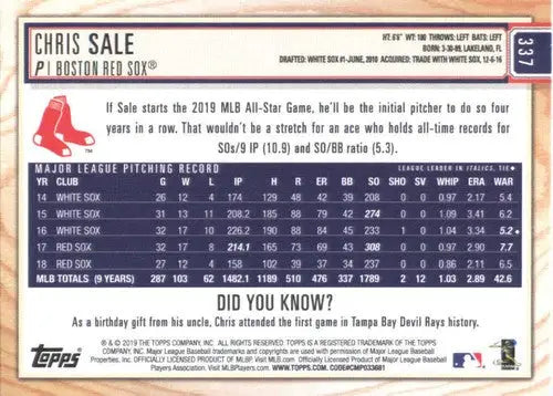 2019 Topps Big League #337 Chris Sale NM-MT Red Sox - Baseball Card Single