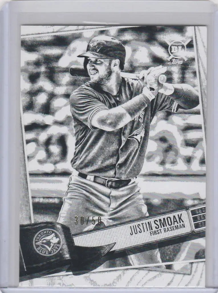 Baseball card of Justin Smoak Toronto in a batting stance from Topps Big League