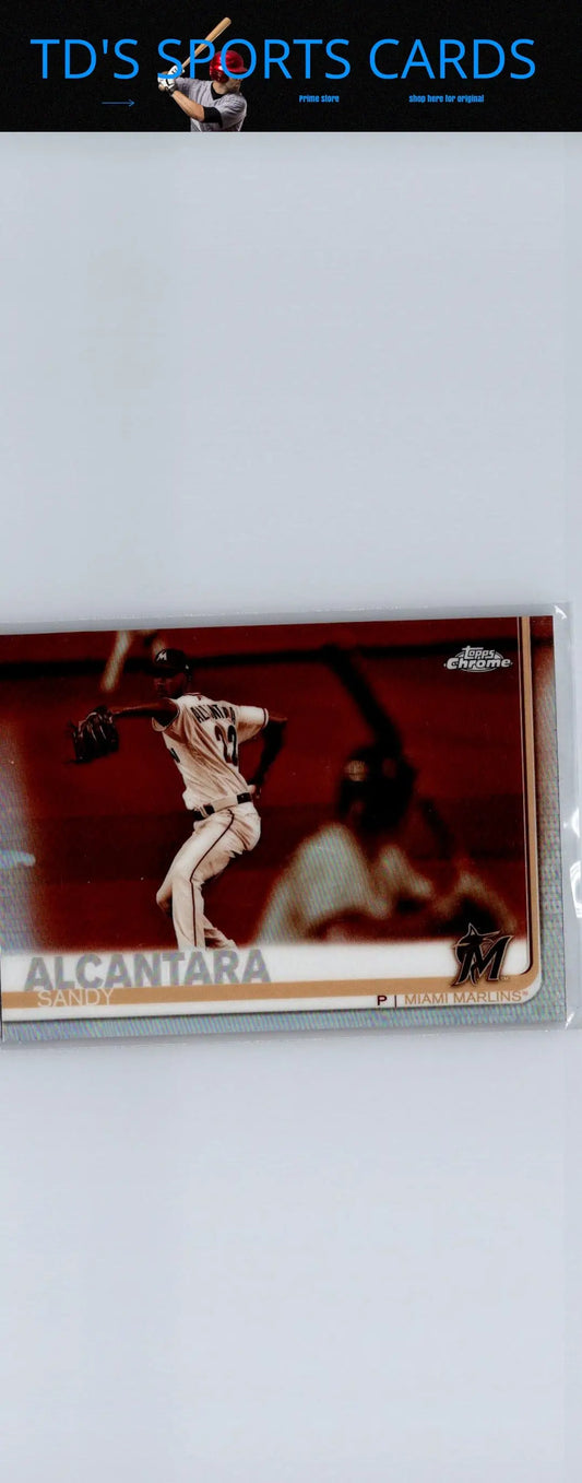 Baseball card of Sandy Alcantara featuring a Sepia Refractor design