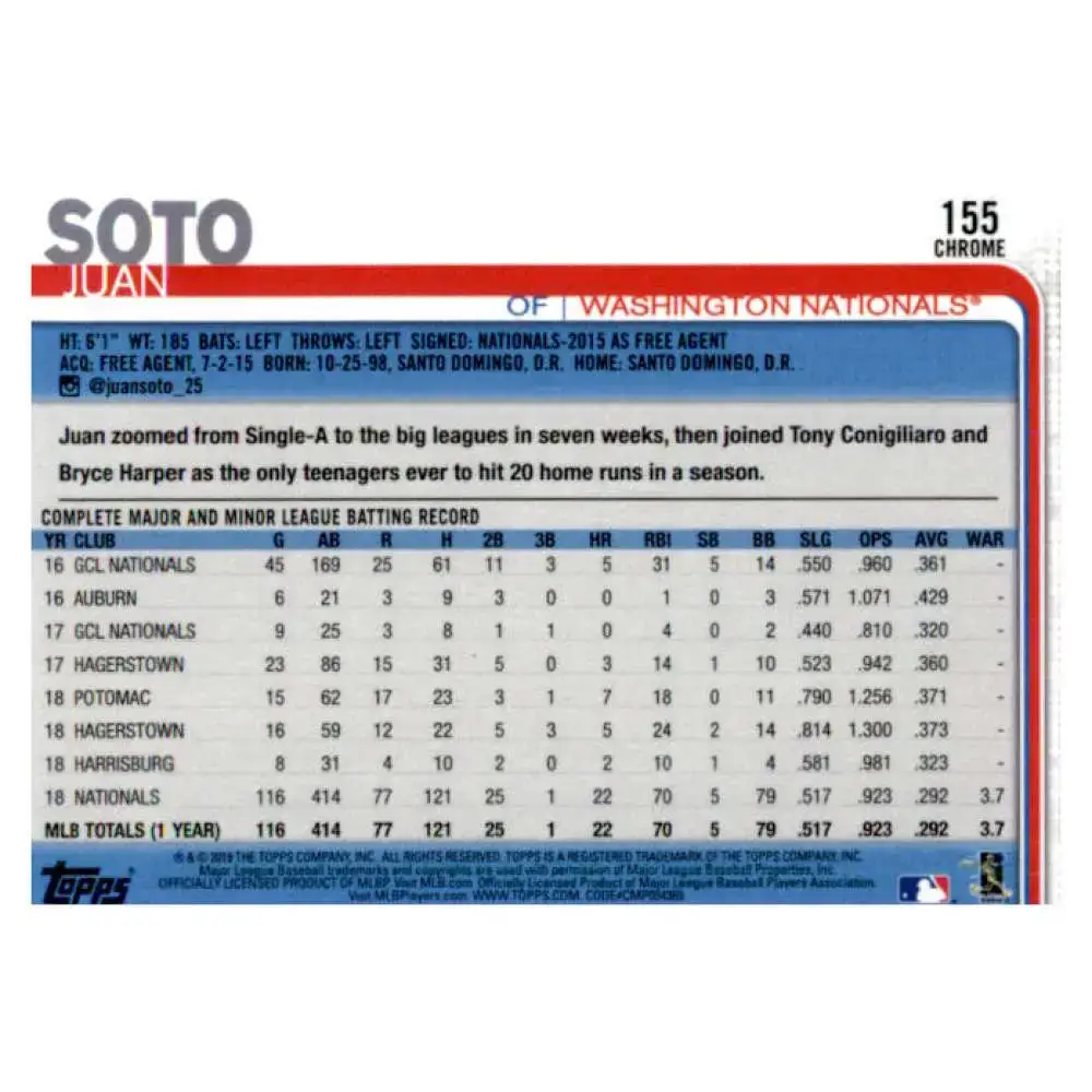 2019 Topps Chrome #155 Juan Soto NM-MT Washington Nationals Baseball Card - Baseball Card Single
