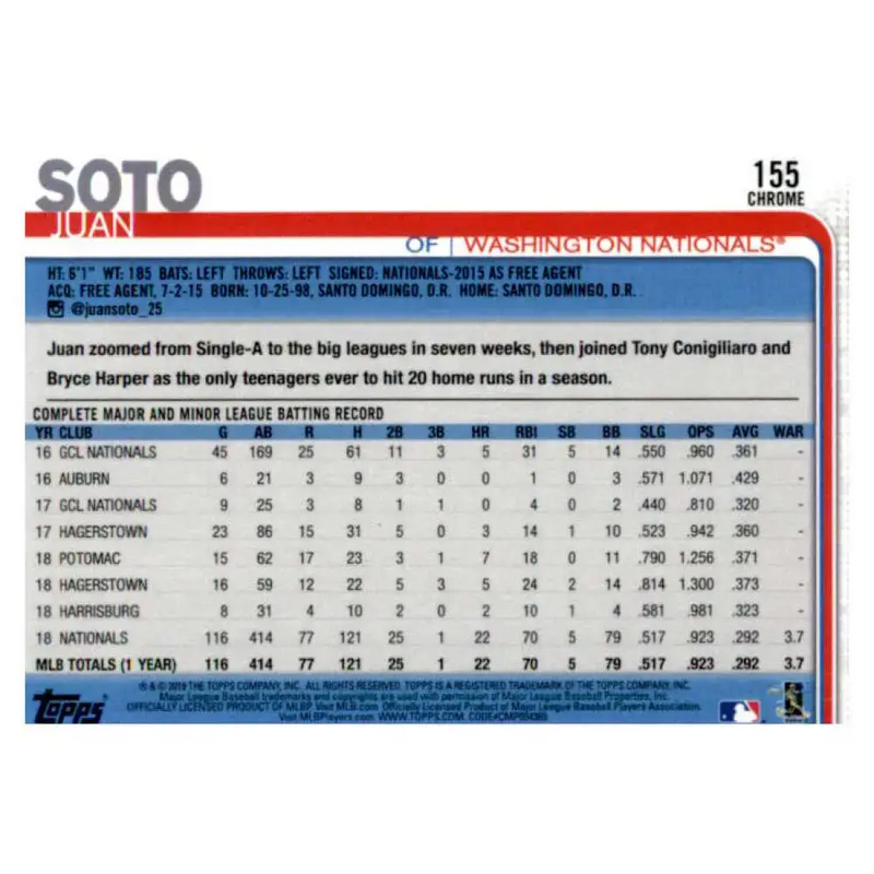 2019 Topps Chrome #155 Juan Soto NM-MT Washington Nationals Baseball Card - Baseball Card Single