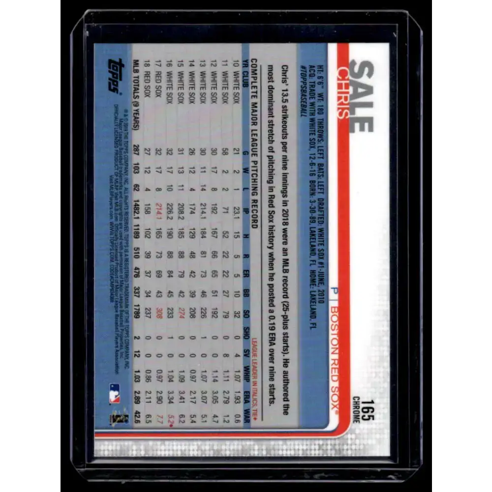 2019 Topps Chrome #165 Chris Sale NM-MT Boston Red Sox Baseball Card - Baseball Card Single