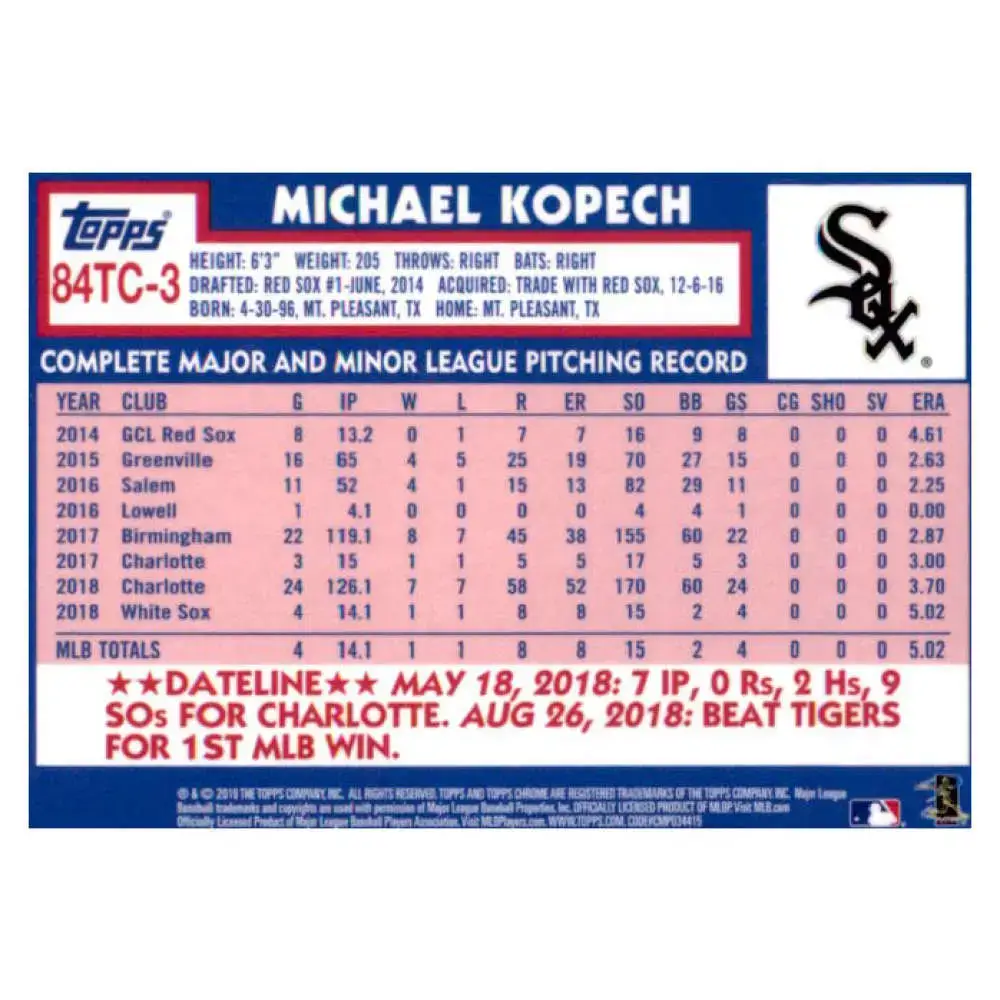 2019 Topps Chrome 1984 Topps Refractors #84TC-3 Michael Kopech NM-MT Chicago White Sox Baseball Card - Baseball Card