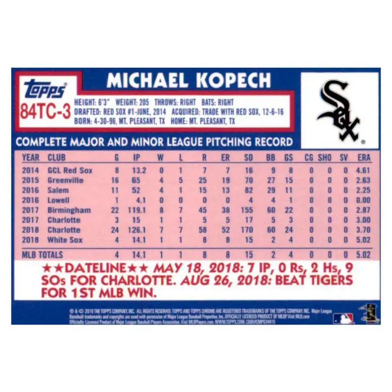 2019 Topps Chrome 1984 Topps Refractors #84TC-3 Michael Kopech NM-MT Chicago White Sox Baseball Card - Baseball Card