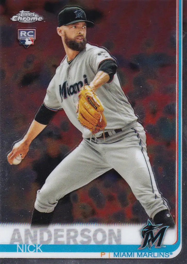 Baseball player mid-pitch in Miami Marlins uniform on trading card 2019 Topps Chrome