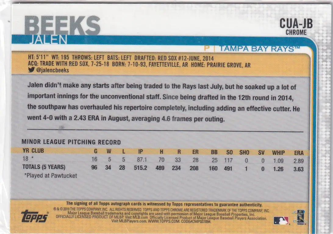 2019 TOPPS CHROME #CUA-JB JALEN BEEKS AUTO- TAMPA BAY RAYS