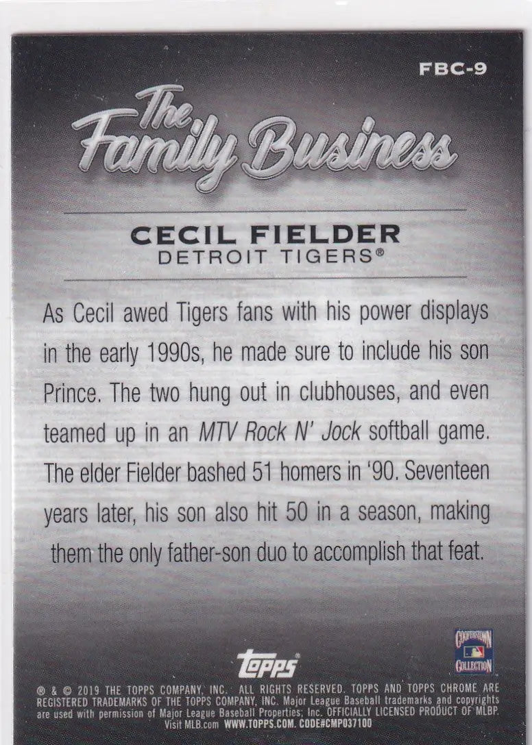 2019 TOPPS CHROME #FBC-9 CECIL FIELDER FAMILY BUSINESS- DETROIT TIGERS - Baseball Card Single