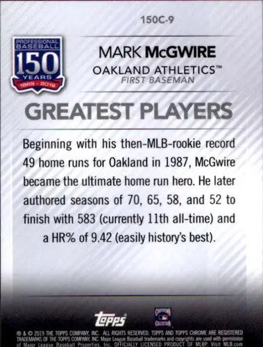 Original gloss Mark McGwire baseball card from 2019 Topps Chrome Update series