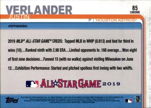 2019 Topps Chrome Update #85 Justin Verlander NM-MT Astros ID:24490 - Baseball Card Single