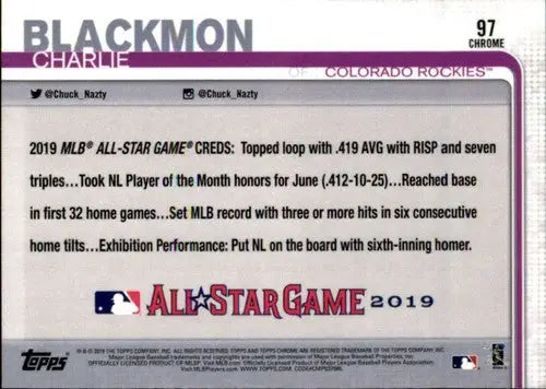 Baseball card with player stats from 2019 Topps Chrome Update featuring Charlie Blackmon