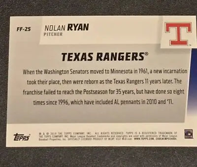 2019 Topps Nolan Ryan Franchise Feats baseball card back showing career stats and achievements