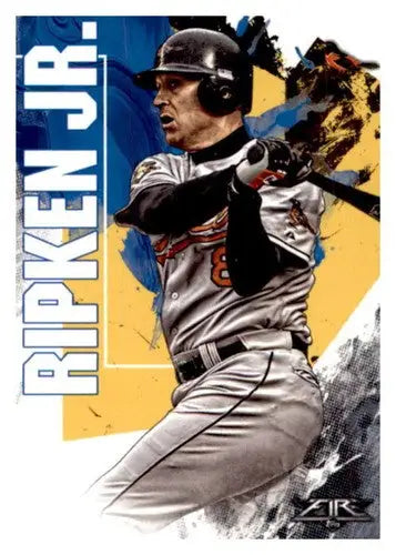 Original gloss baseball trading card of Cal Ripken Jr in batting stance from 2019 Topps Fire