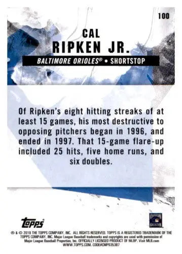 Back of 2019 Topps Fire Cal Ripken Jr. baseball card with original gloss featuring Cal Ripken and Simply Sandoval