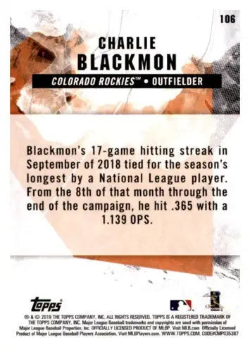 2019 Topps Fire Charlie Blackmon baseball trading card with original gloss NM-MT Rockies