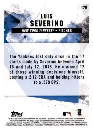 Baseball card back featuring Luis Severino NM-MT from 2019 Topps Fire original gloss