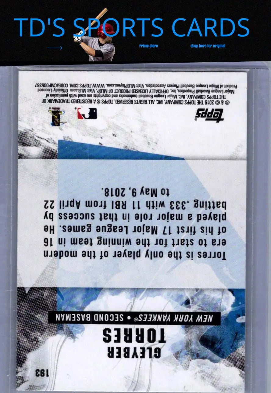 Gleyber Torres baseball card from 2019 Topps Fire Torres Blue Chip series