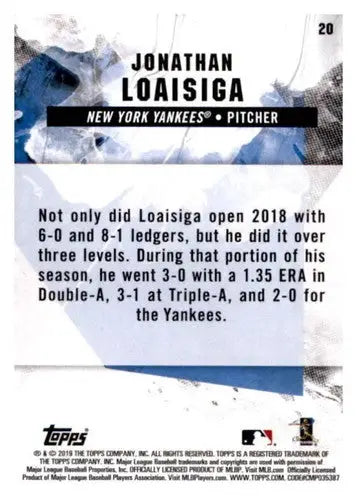 Baseball card back with original gloss featuring Jonathan Loaisiga rookie Yankees card
