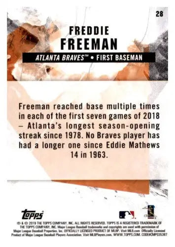 Original gloss Freddie Freeman baseball card from 2019 Topps Fire #28 Braves