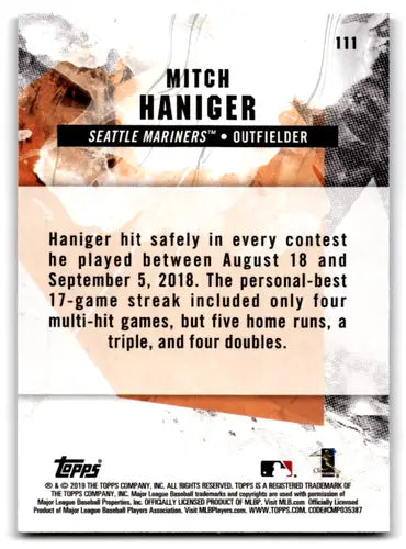 Baseball card back featuring original gloss and Mitch Haniger blue chip from 2019 Topps Fire