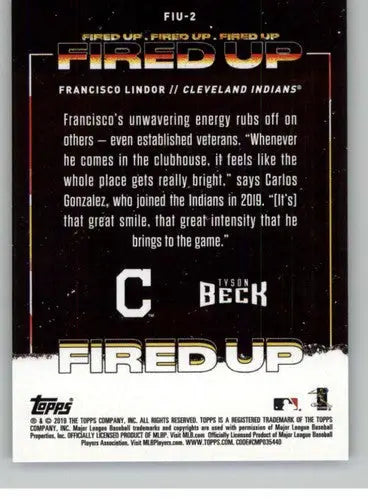 Baseball card back featuring Francisco Lindor Blue Chip original gloss from 2019 Topps Fire