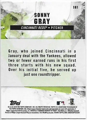 Back of 2019 Topps Fire Gold Mint Sonny Gray baseball card with original gloss