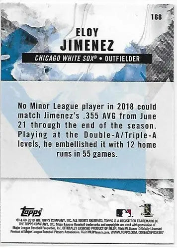 Back of 2019 Topps Fire Gold Mint Eloy Jimenez trading card with original gloss