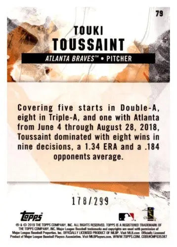 Baseball card back featuring original gloss of Touki Toussaint from 2019 Topps Fire