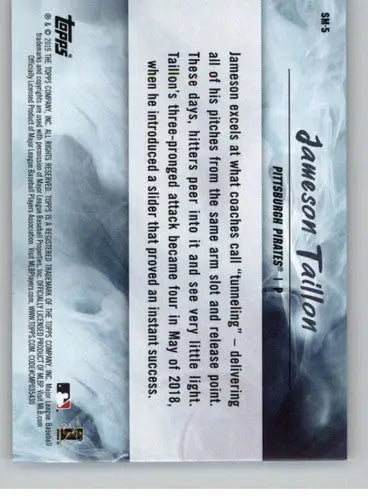 Baseball card back featuring 2019 Topps Fire Smoke and Mirrors Blue Chips Jameson Taillon