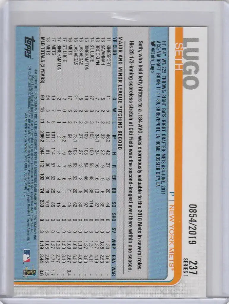 2019 Topps Gold #237 Seth Lugo New York Mets 854/2019