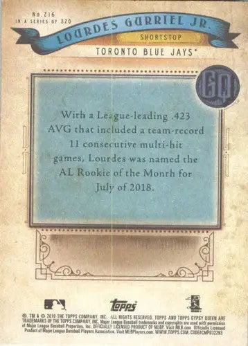 Lourdes Gurriel Jr. baseball card with original gloss from 2019 Topps Gypsy Queen Blue Jays