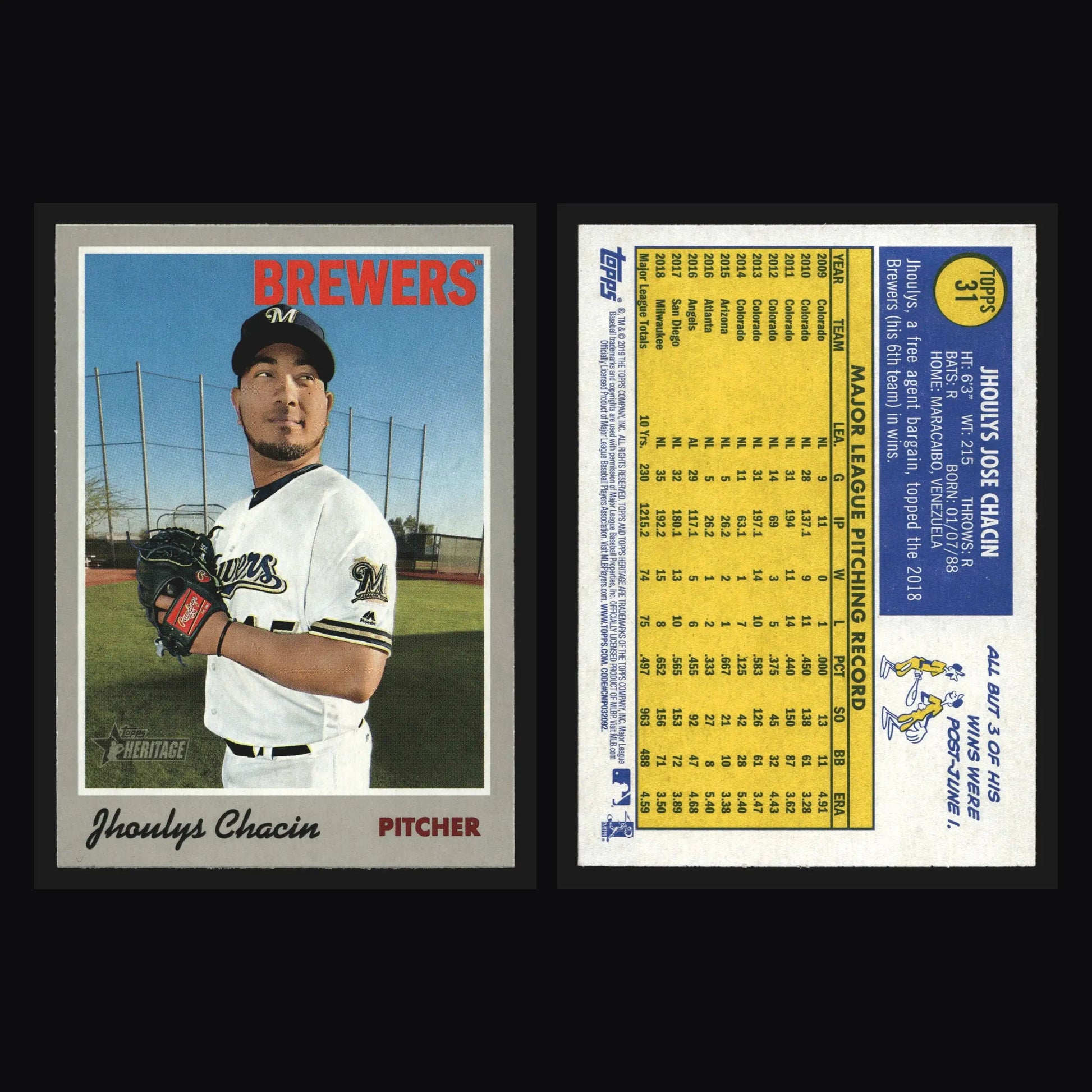2019 Topps Heritage #31 Jhoulys Chacin Milwaukee Brewers - Baseball Card Single