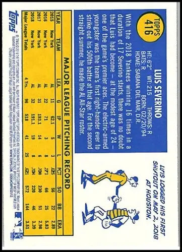 2019 Topps Heritage Luis Severino baseball card back with original gloss and SP quality