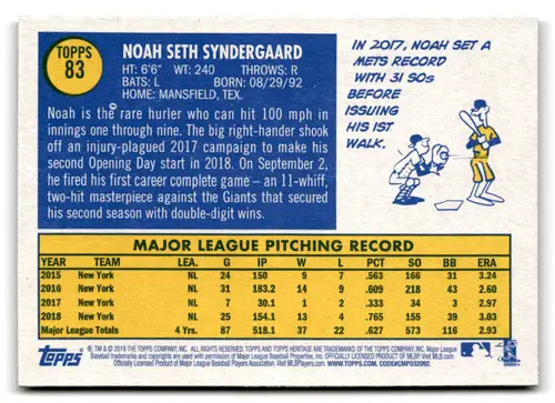 2019 Topps Heritage Noah Syndergaard baseball card back with player stats and original gloss