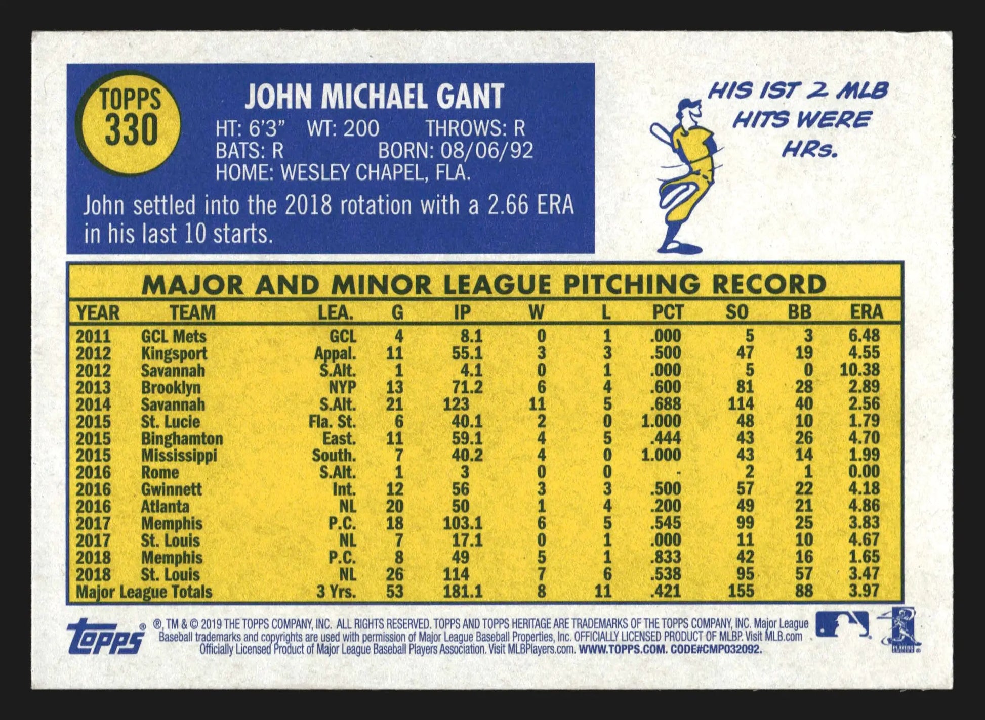 2019 Topps Heritage John Gant #330 St. Louis Cardinals - Baseball Card Single