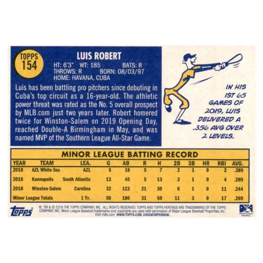 2019 Topps Heritage Minor League #154 Luis Robert NM-MT Birmingham Barons Baseball Card - Baseball Card Single