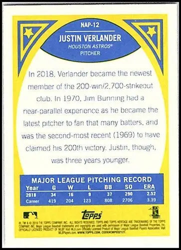 2019 Topps Heritage New Age Performers #NAP-12 Justin Verlander NM-MT A ID:22935 - Baseball Card Single